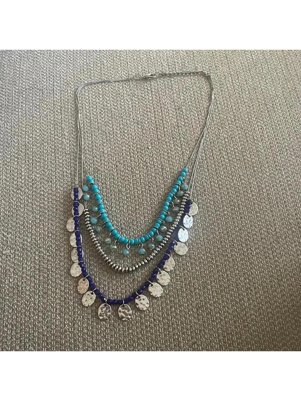 Three strand multi layered blue tone, beaded necklace